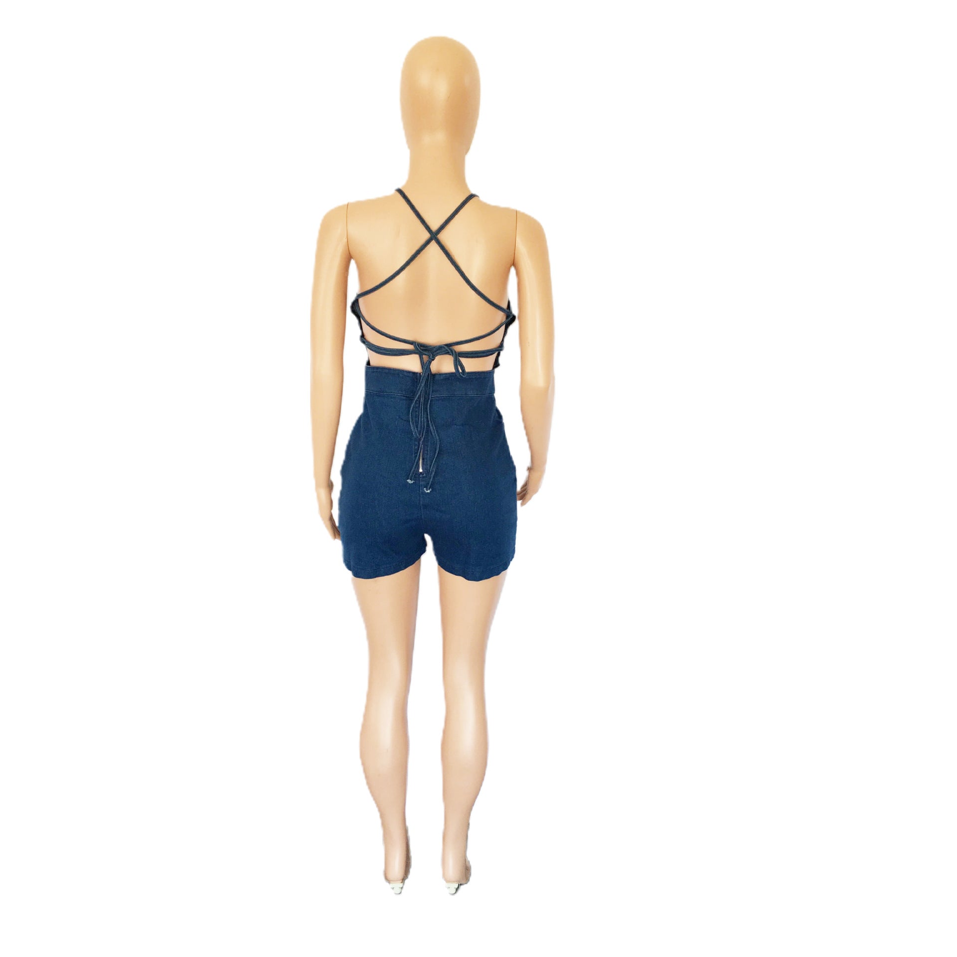 Casual Slim Fit Backless Bandage Denim Jumpsuit