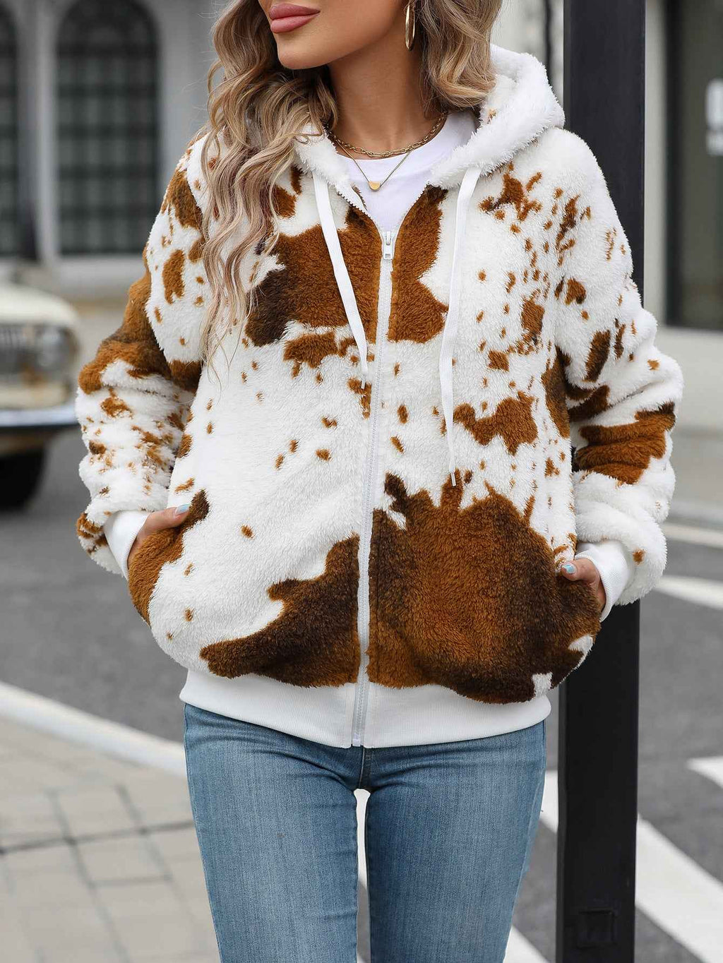 Plush Printed Cardigan Sweatshirt