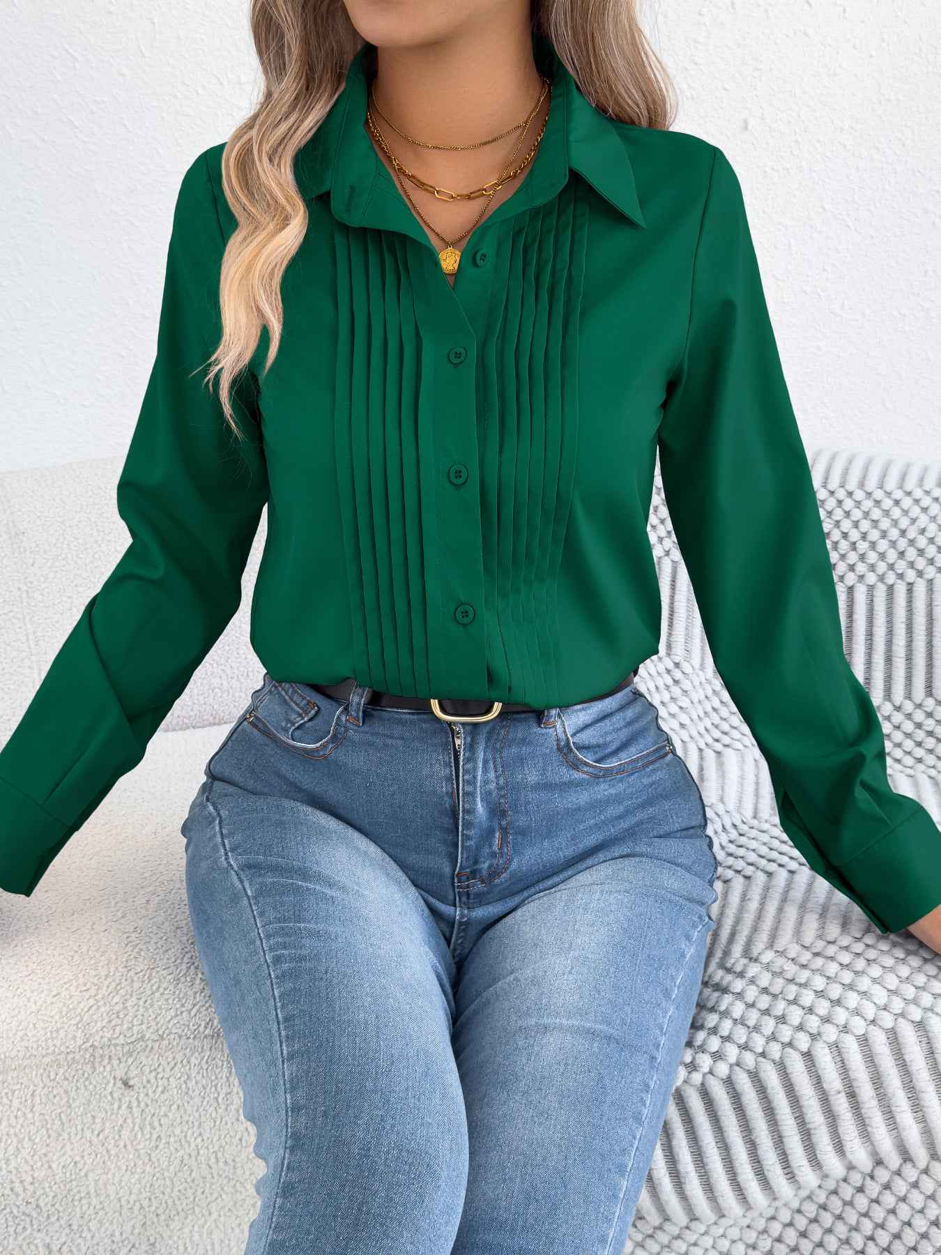 Elegant Pleated Solid Color Button Blouse
