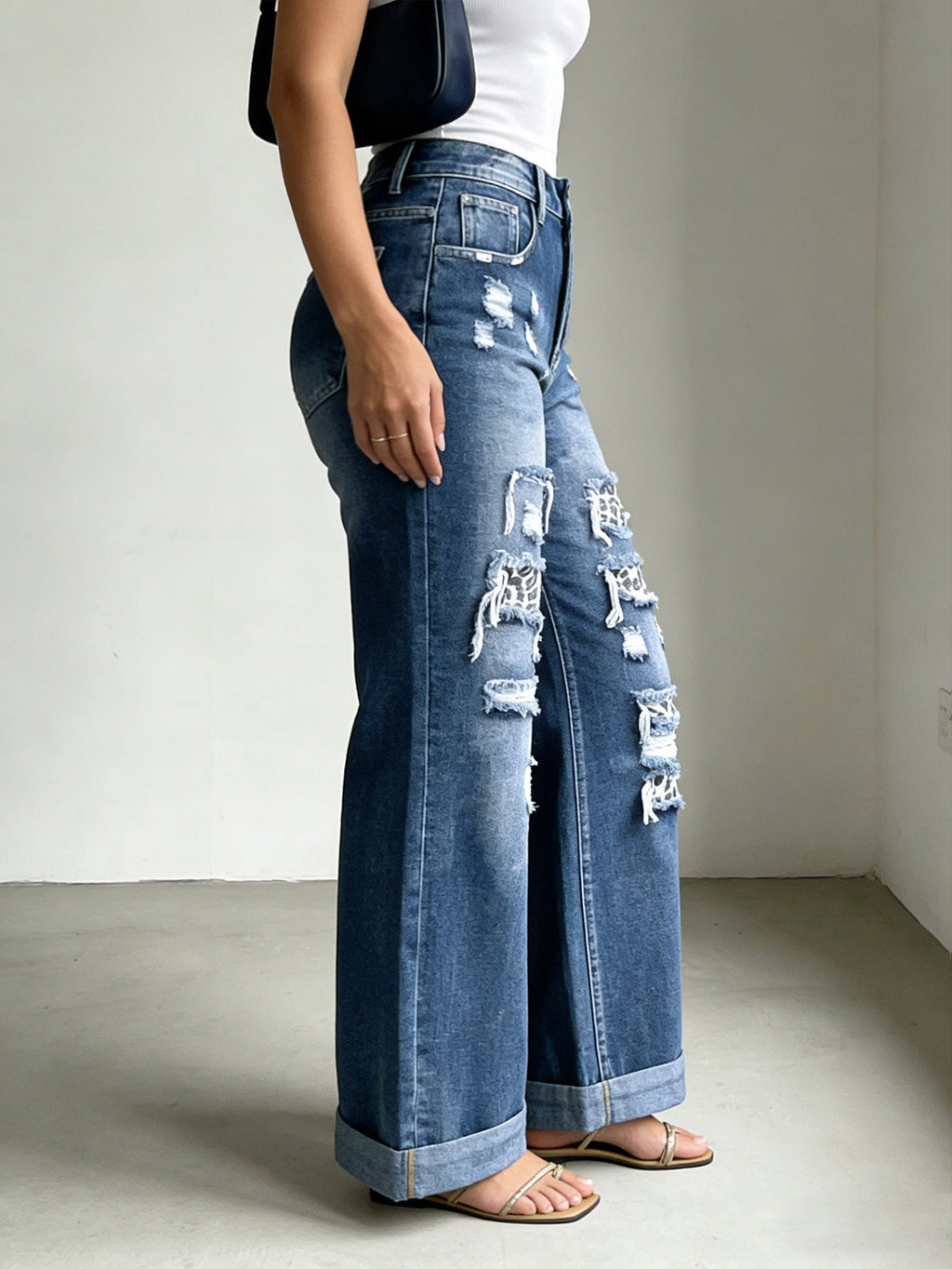 High Waist Jeans Leopard Patch Ripped Retro