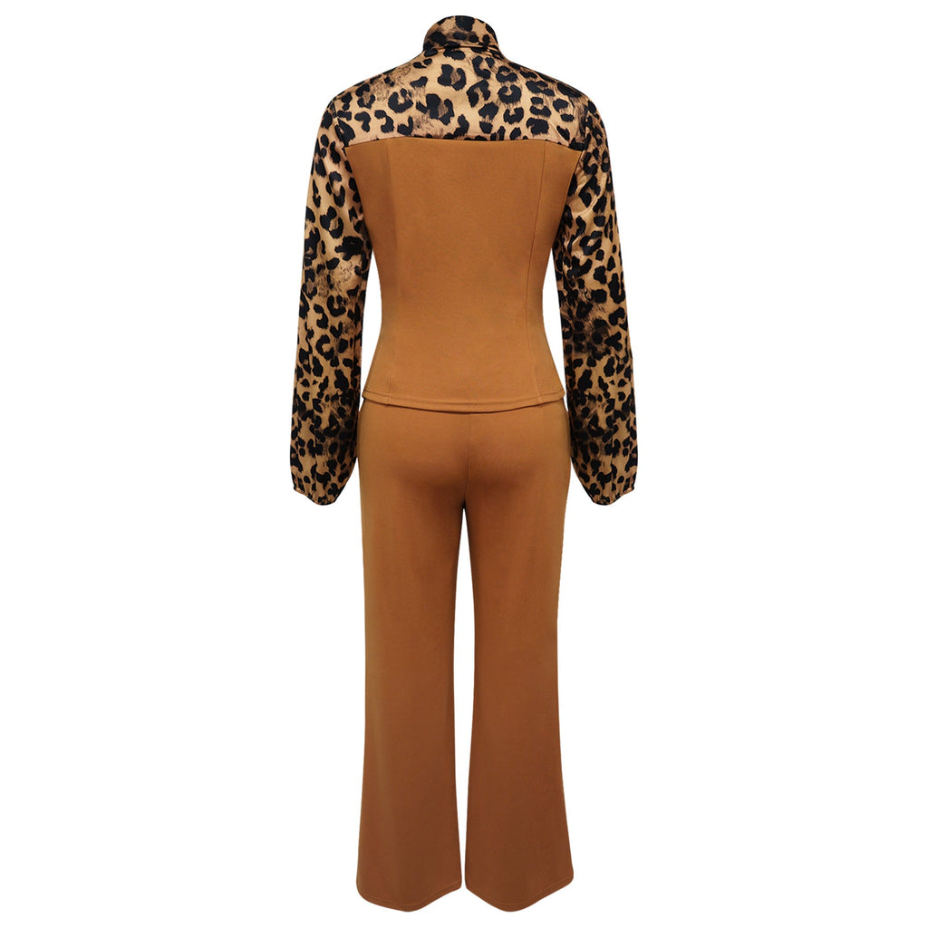 Leopard Collar Blouse Casual Set