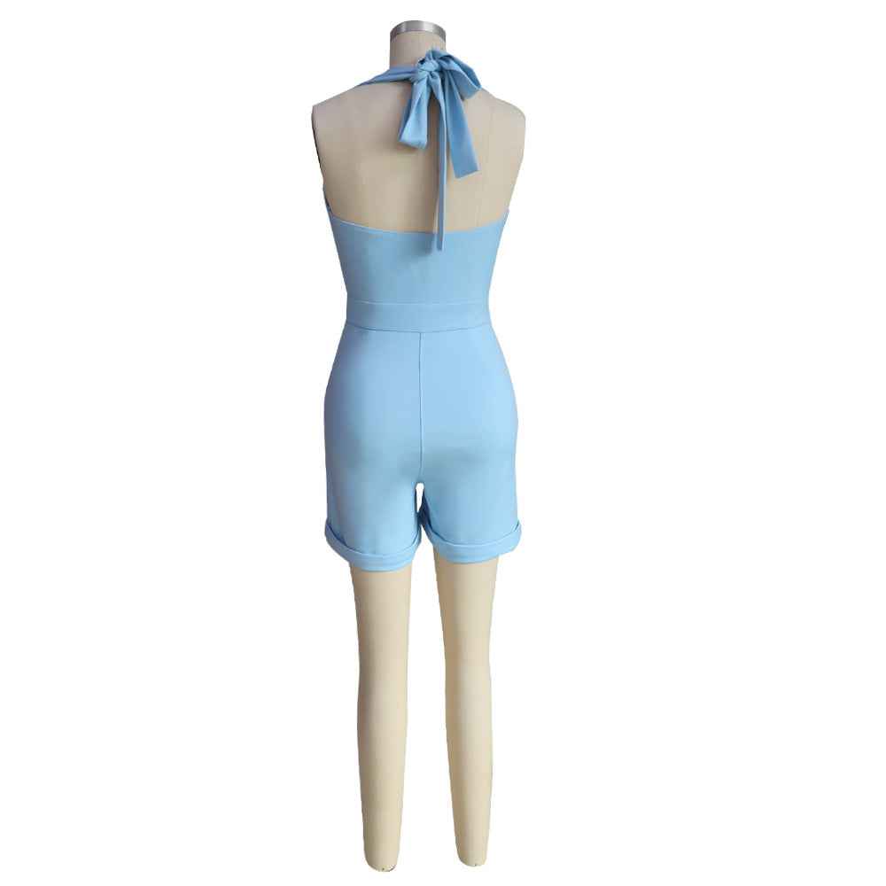 Solid Color High Waist Sexy Hollow Out Cutout Sleeveless Lace-up Romper