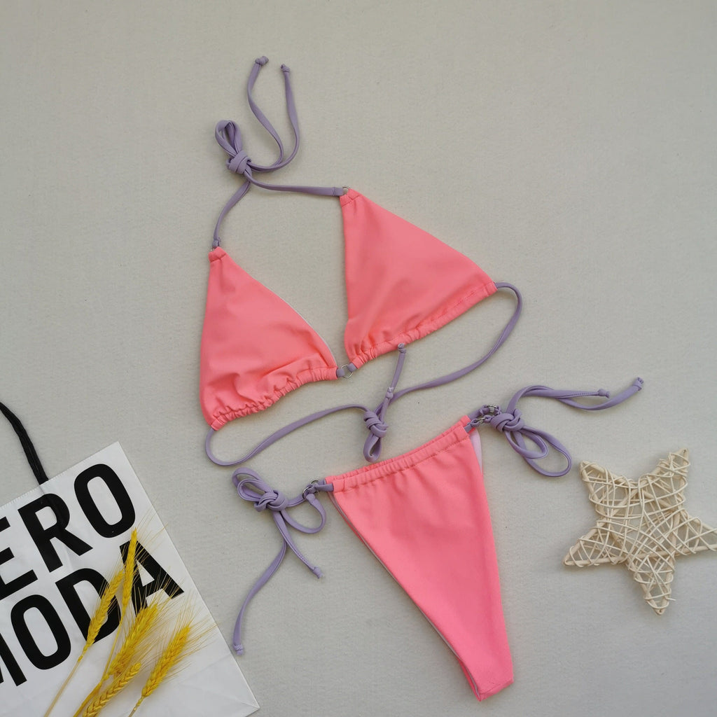 Sexy Triangle Soft Bag Drawstring Bikini Strap Backless Lace Up Swimsuit Women