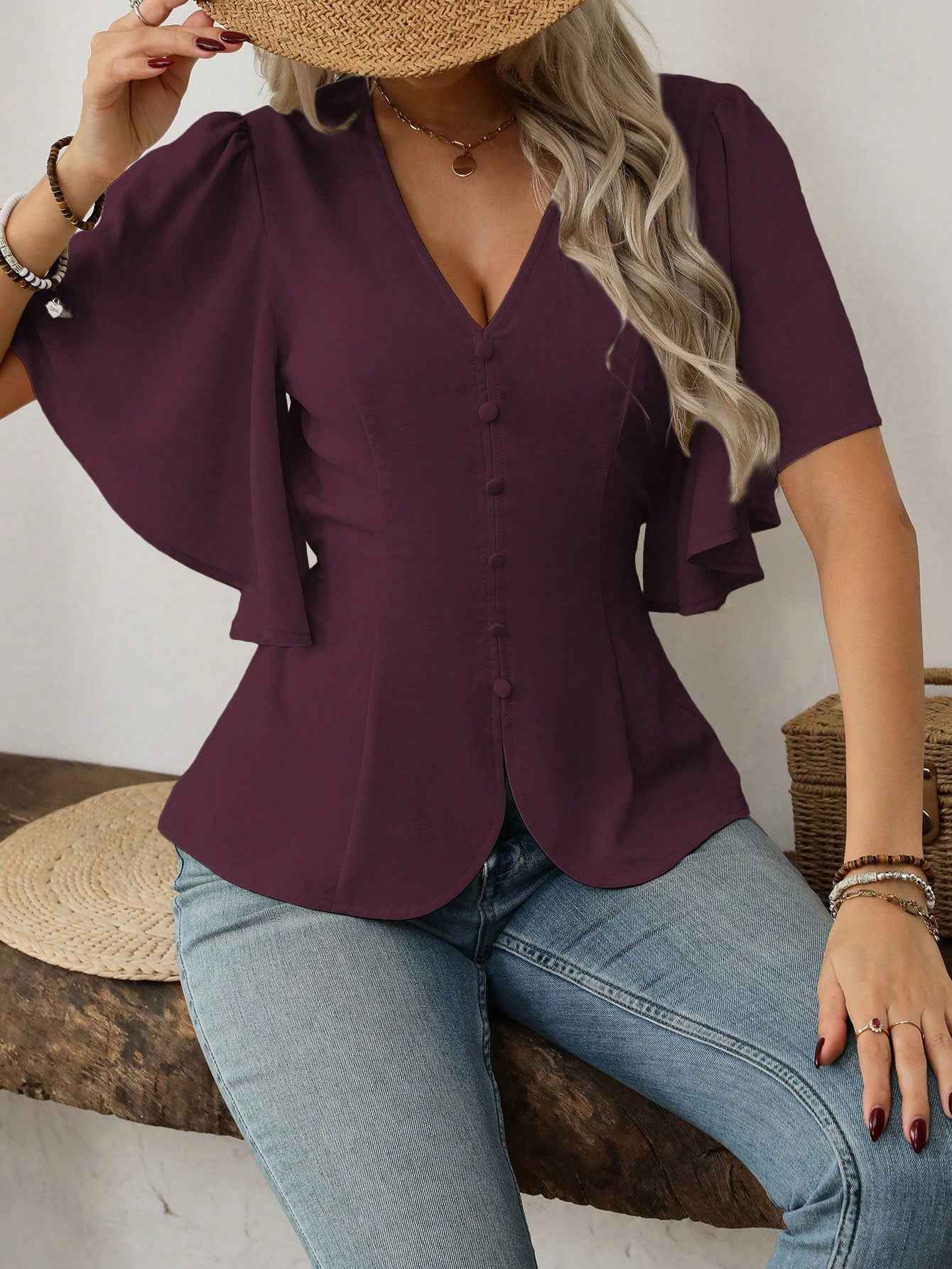 Elegant Solid Color Blouse