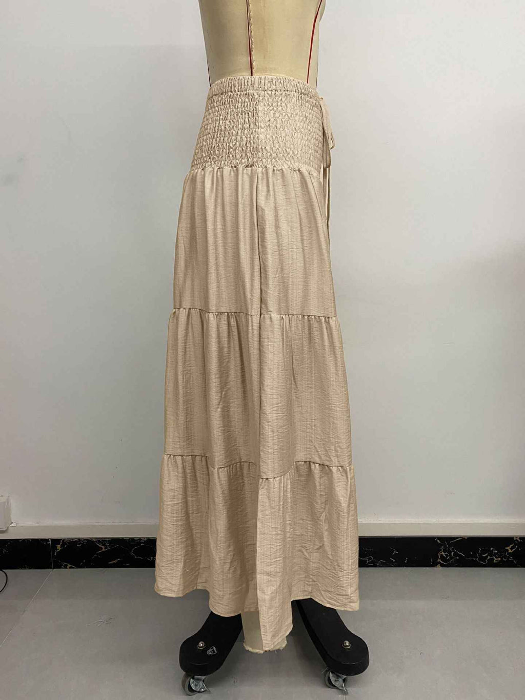 Boho Style Elastic Waistband Solid Color Wide Hem Skirt