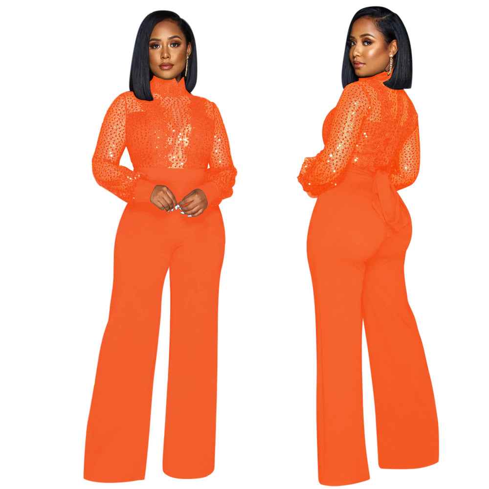 Party Turtleneck Sequin Lace Sheer Long Sleeve Top Loose Jumpsuit Women