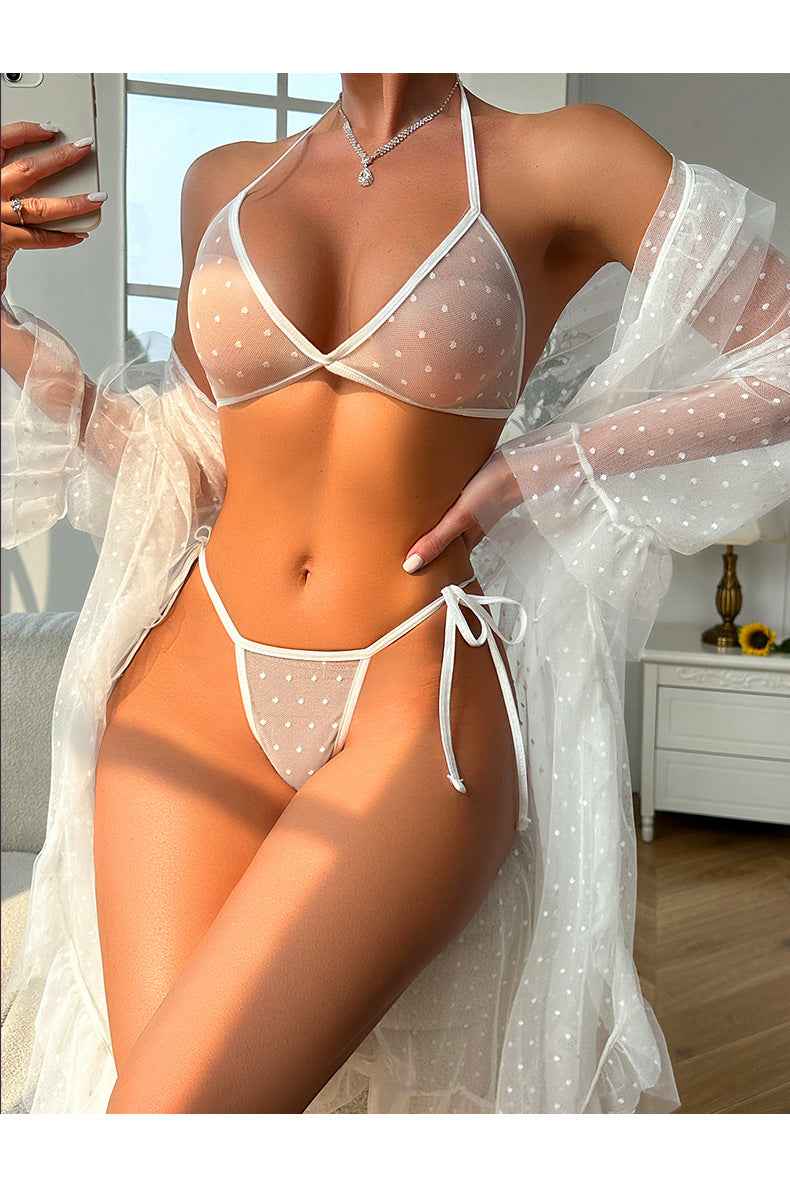 See through Nightgown Ruffled Lace up Sleepwear Set