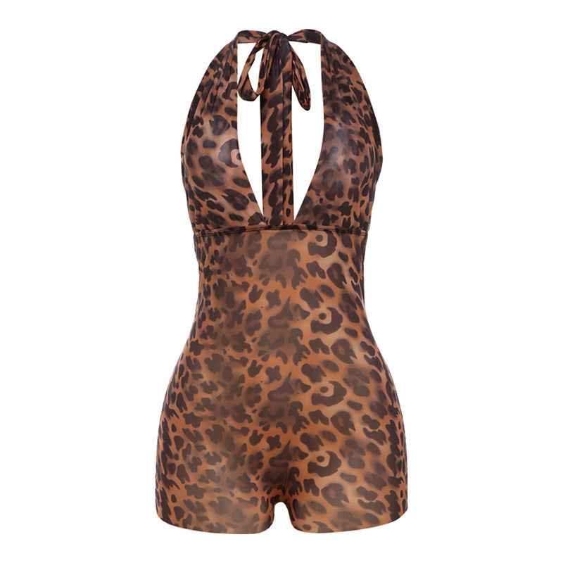 Summer Style Women's Sexy Deep V Plunge Backless Halter Butt Lifting Leopard Print Romper