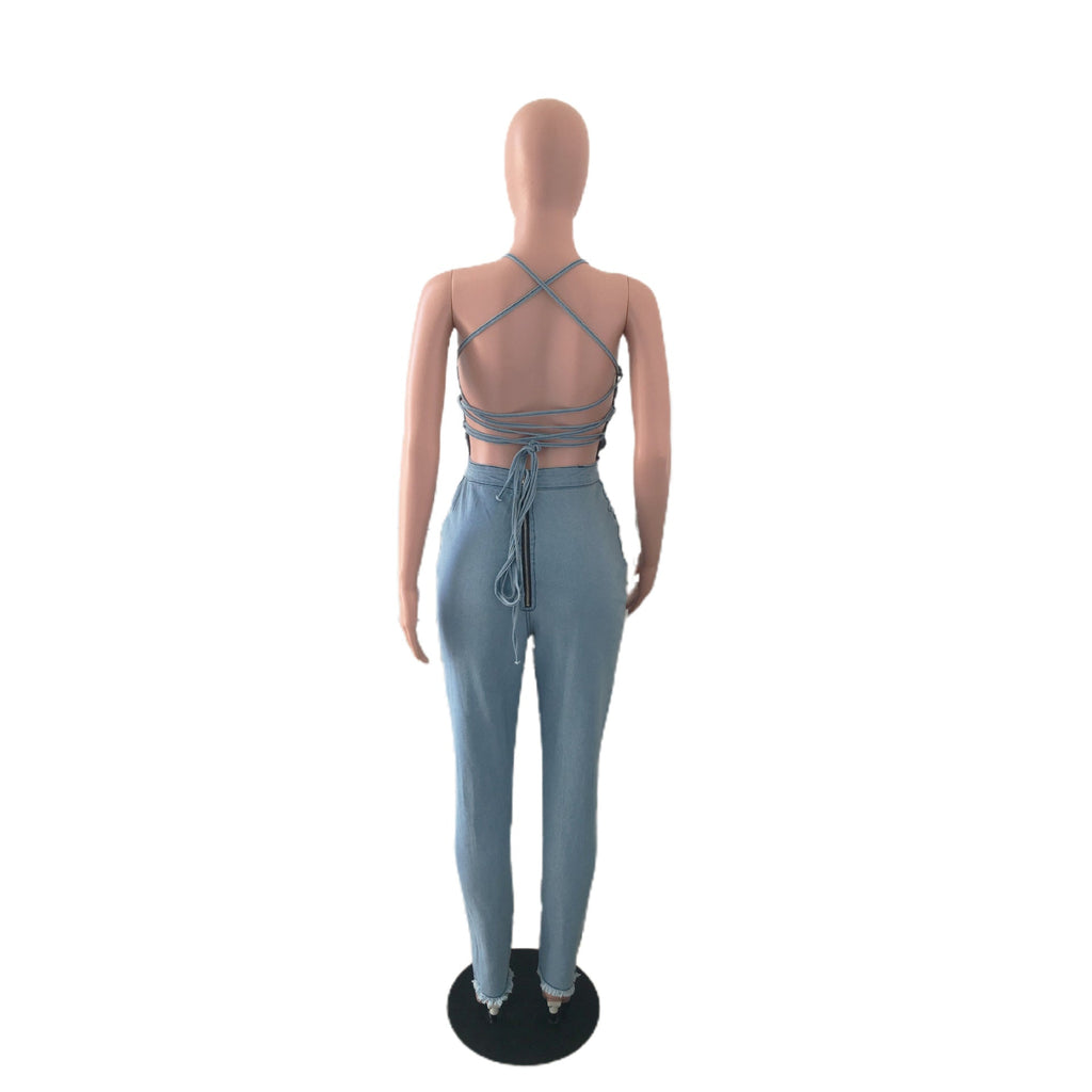 Casual Slim Fit Backless Bandage Denim Jumpsuit
