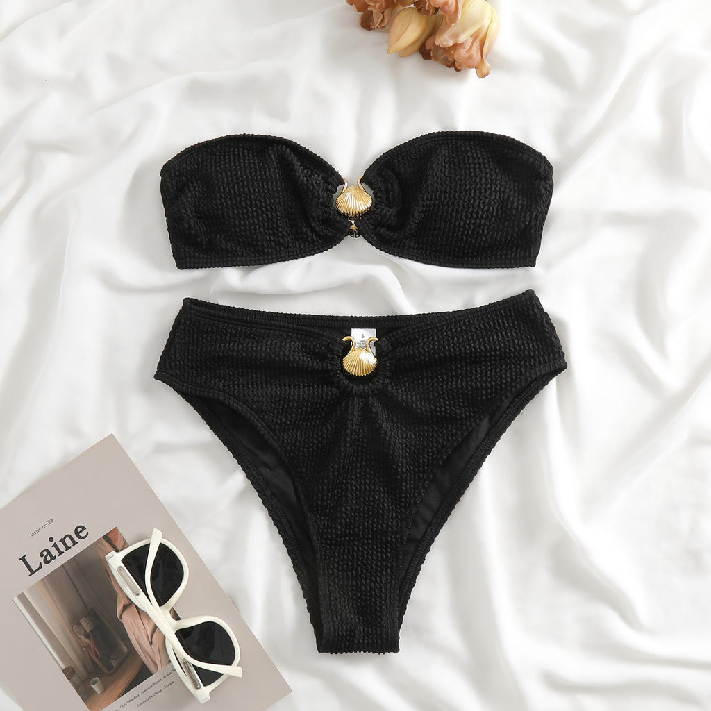 Contrast Color Soild Bikini Swimsuit Women Wave Pattern Split Swimsuit