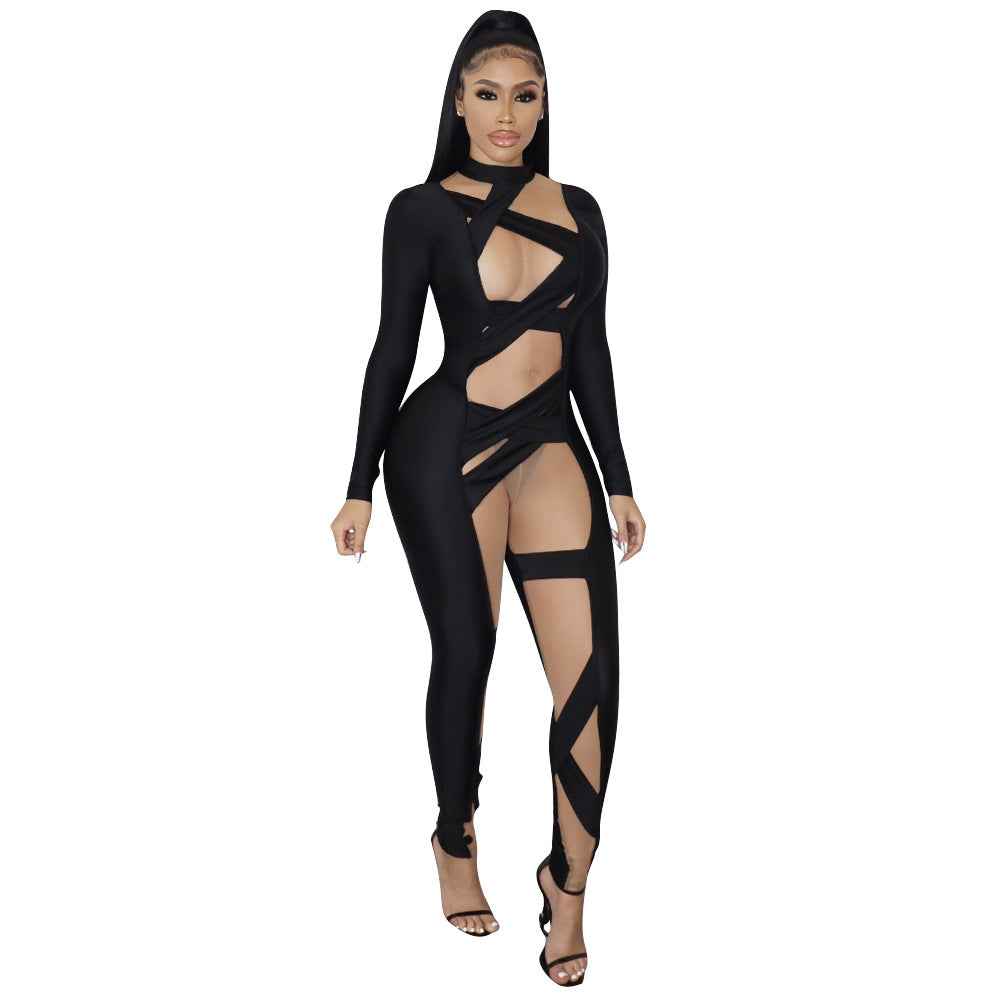 Mesh Bandage Stitched Long Sleeve Jumpsuit for Women