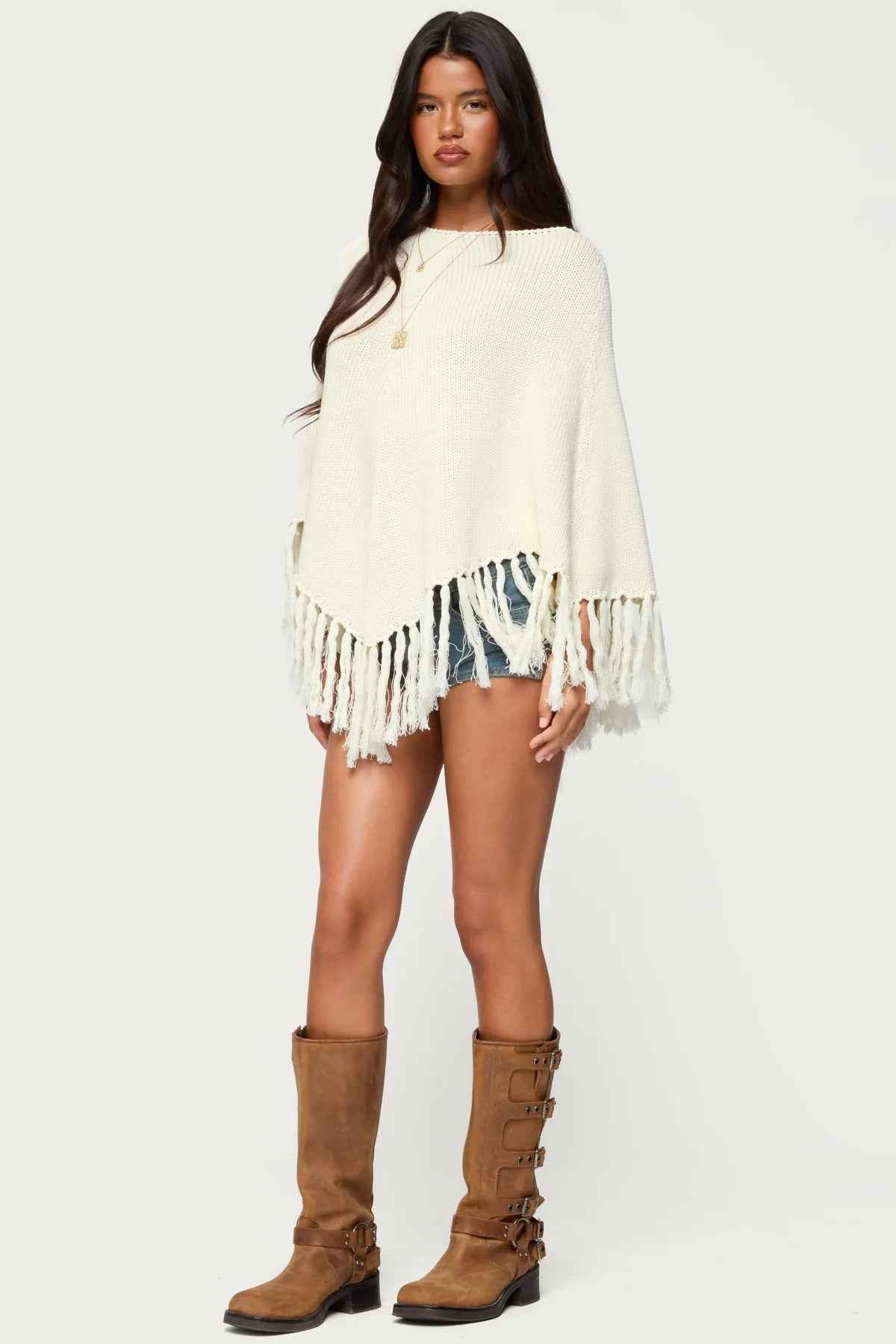 Solid Color Shawl Tassel Sweater