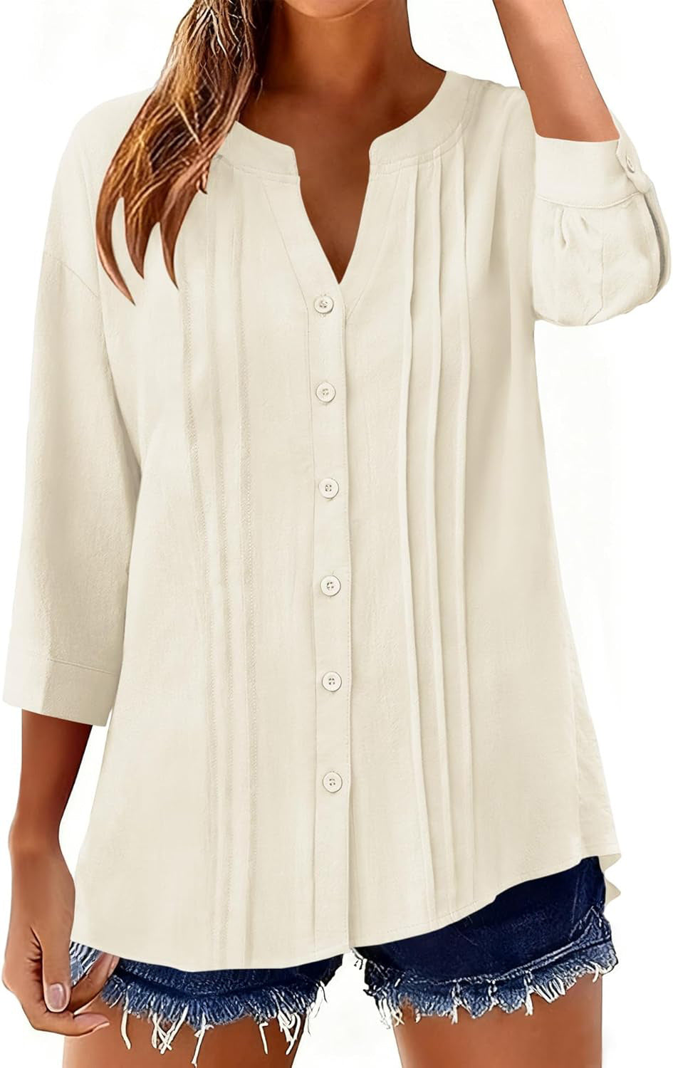 Half Open Collar Single Breasted Pleated Cropped Sleeve Blouse