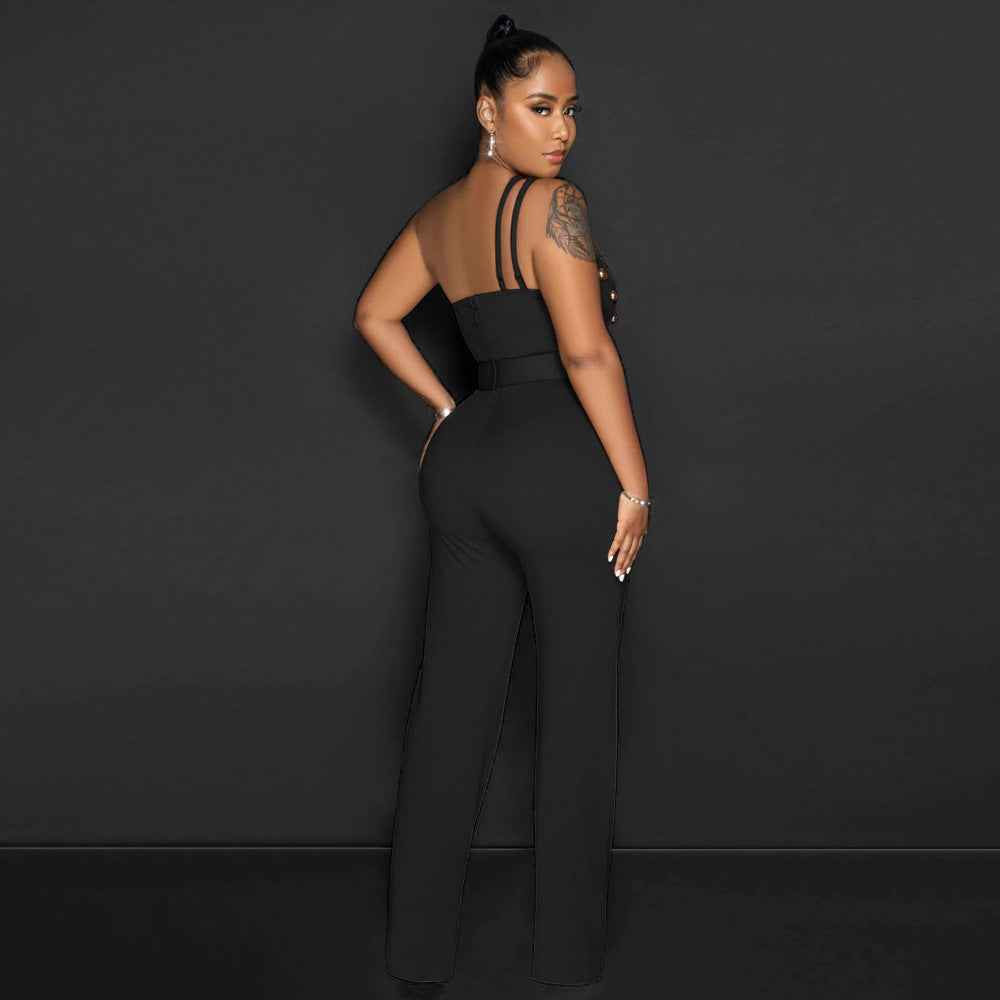 Elegant Solid Color Jumpsuit Slim Fit One Shoulder