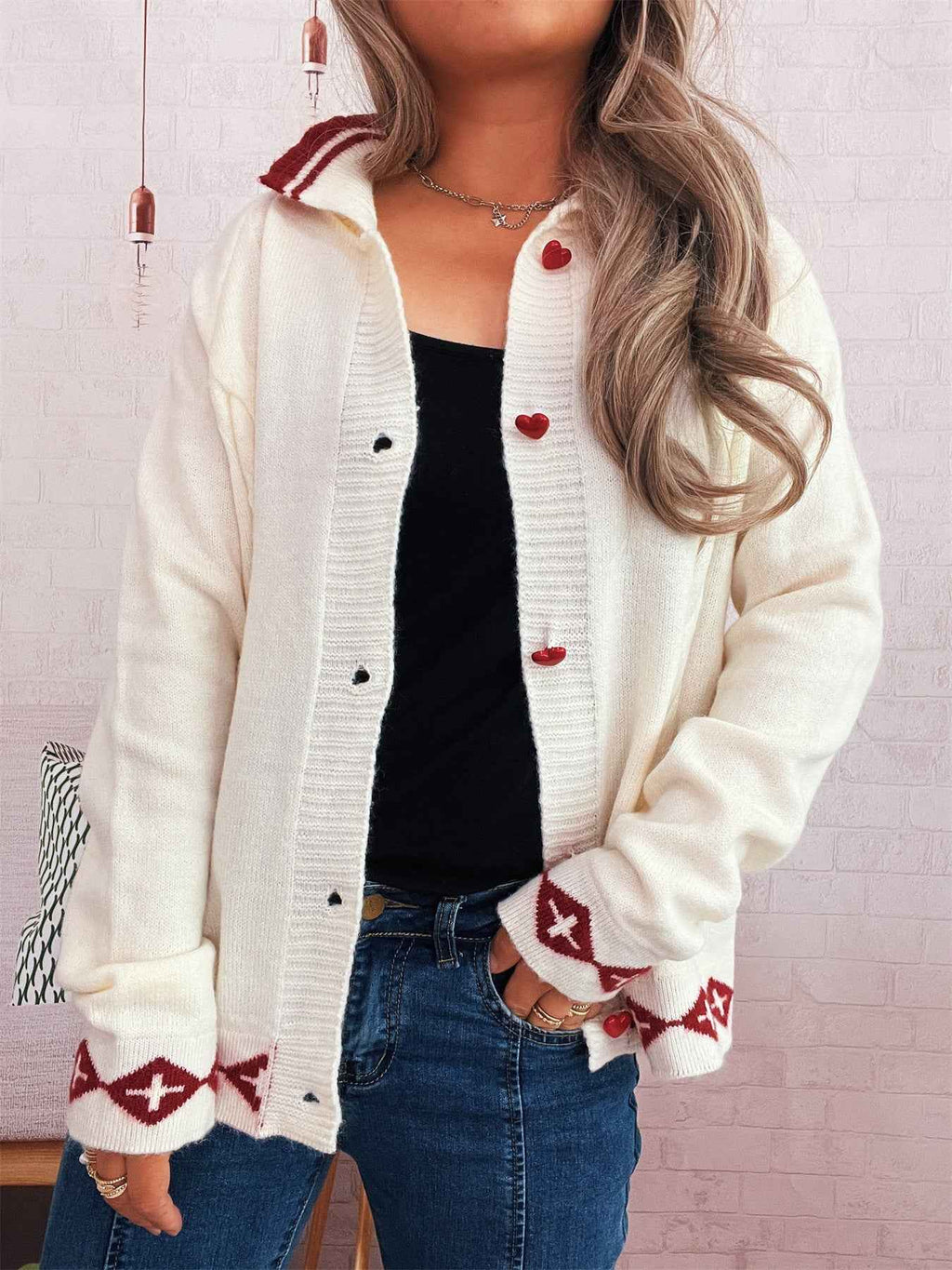 Valentine's Day Retro Pattern Cute Love Button Long Sleeve Knit Cardigan Sweater