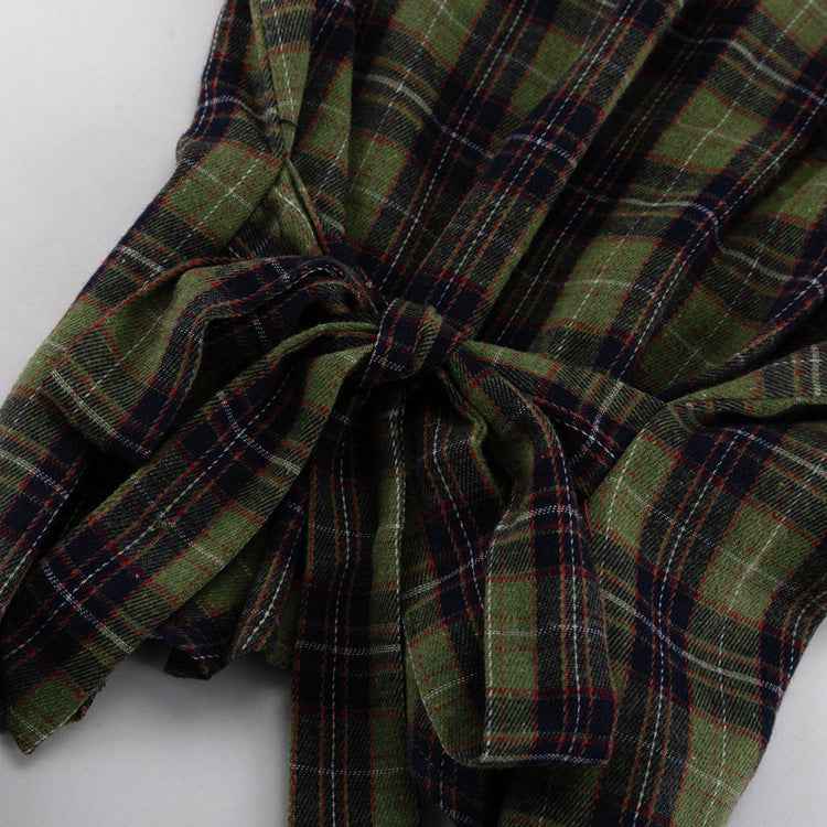 Retro Plaid Collared Long Sleeve Irregular Asymmetric Hem Cinched Blouse