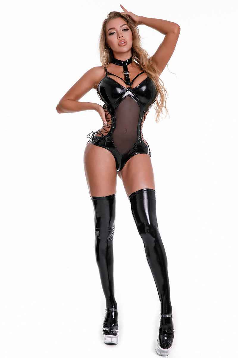 Transparent Mesh Patent Leather Strap Bodysuit