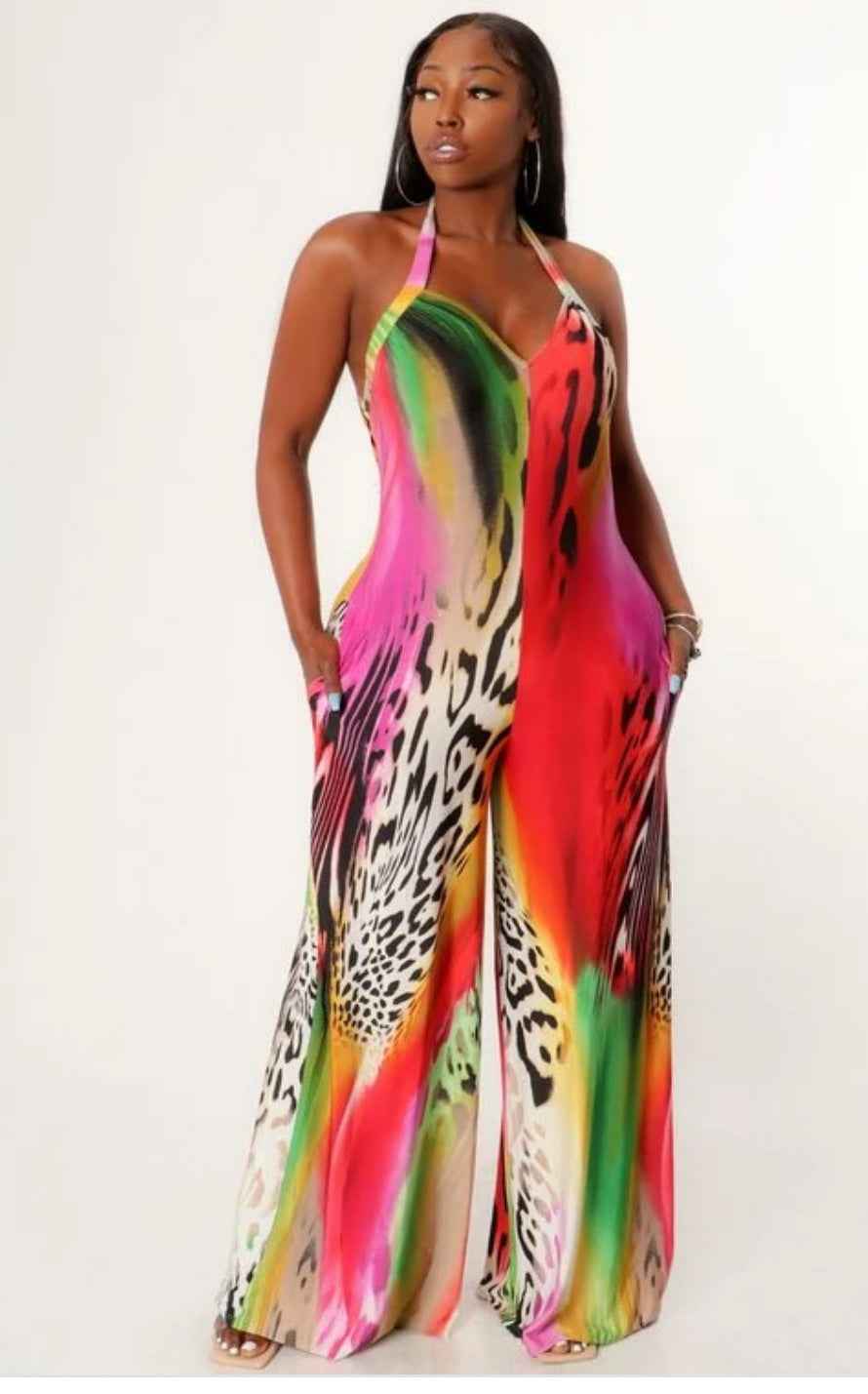 Printed Halter Strap Backless Slim Fit Jumpsuit