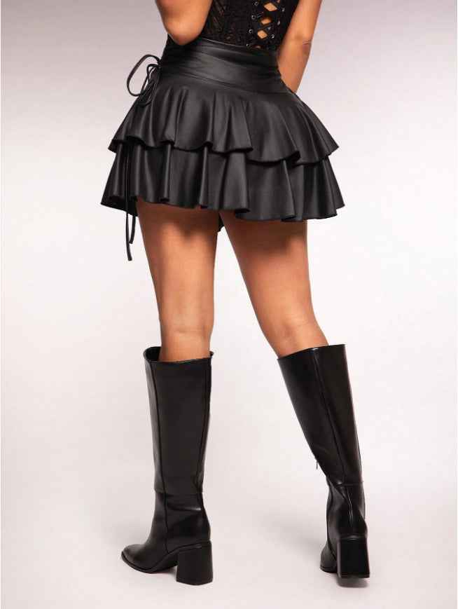 Sexy Ruffled Double Layer Pettiskirt Elegant Side Lace up Skirt
