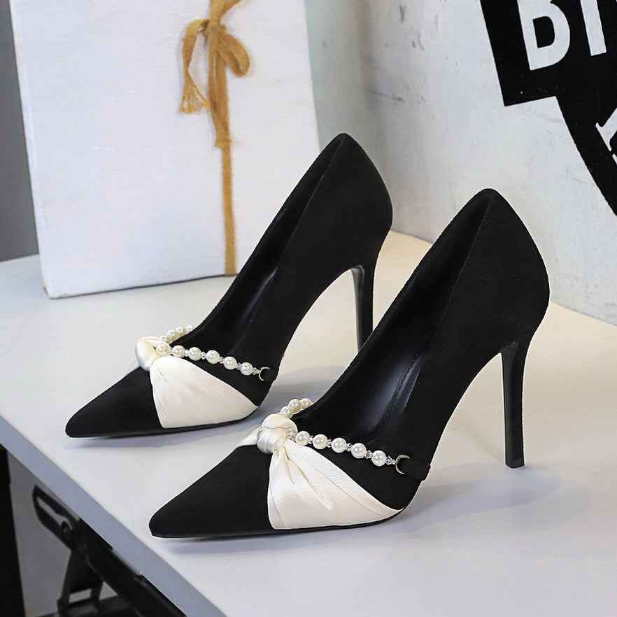French Elegant Socialite Pearl Bow Pointed Low Cut Suede Stiletto Heel Pumps for Women