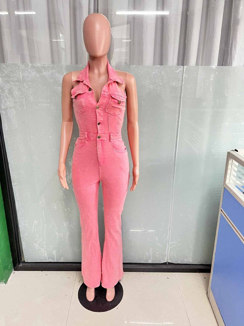 Denim Sexy Backless Collared Jumpsuit