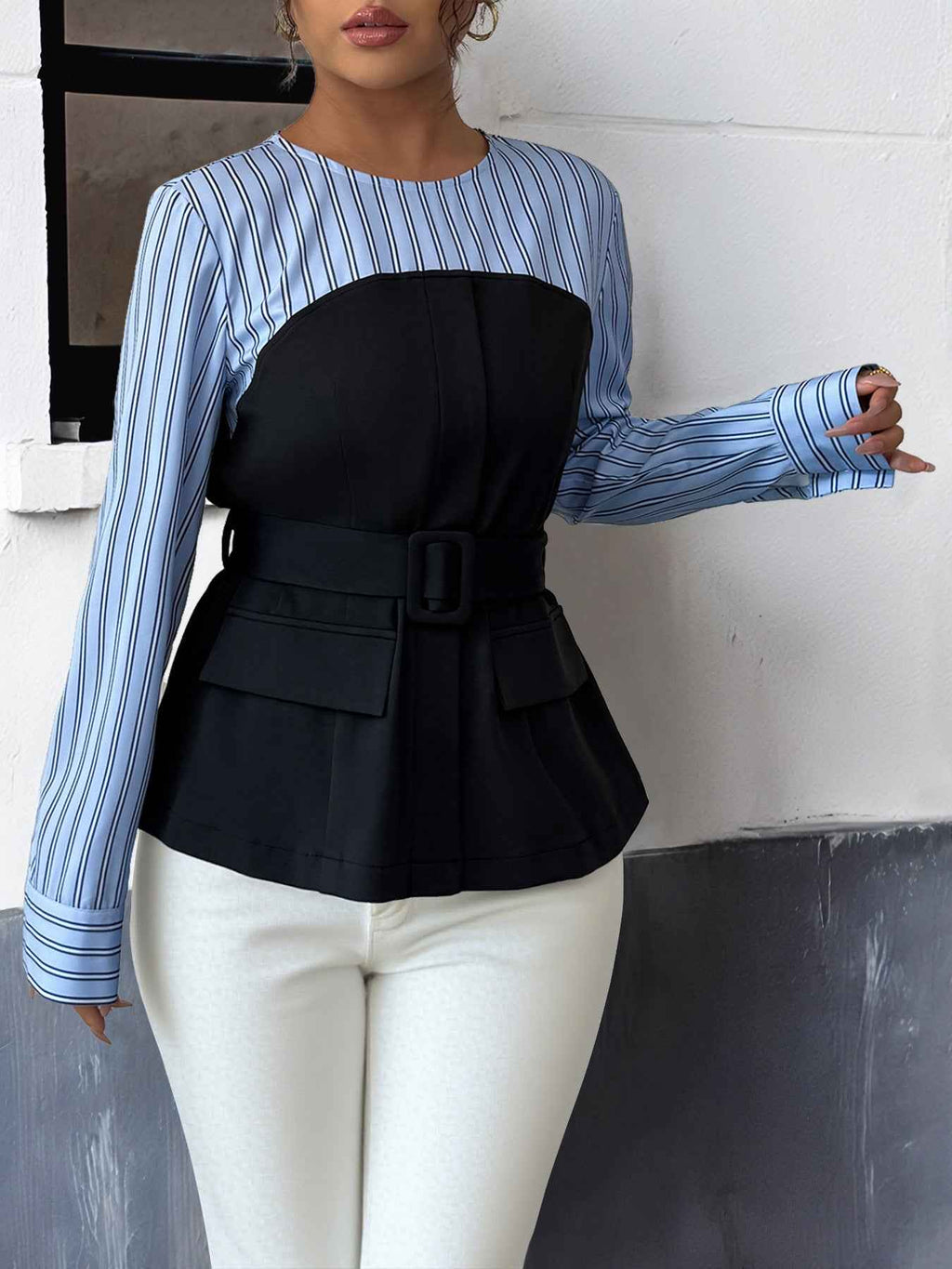Striped Stitching Elegant Blouse False Two Piece Set
