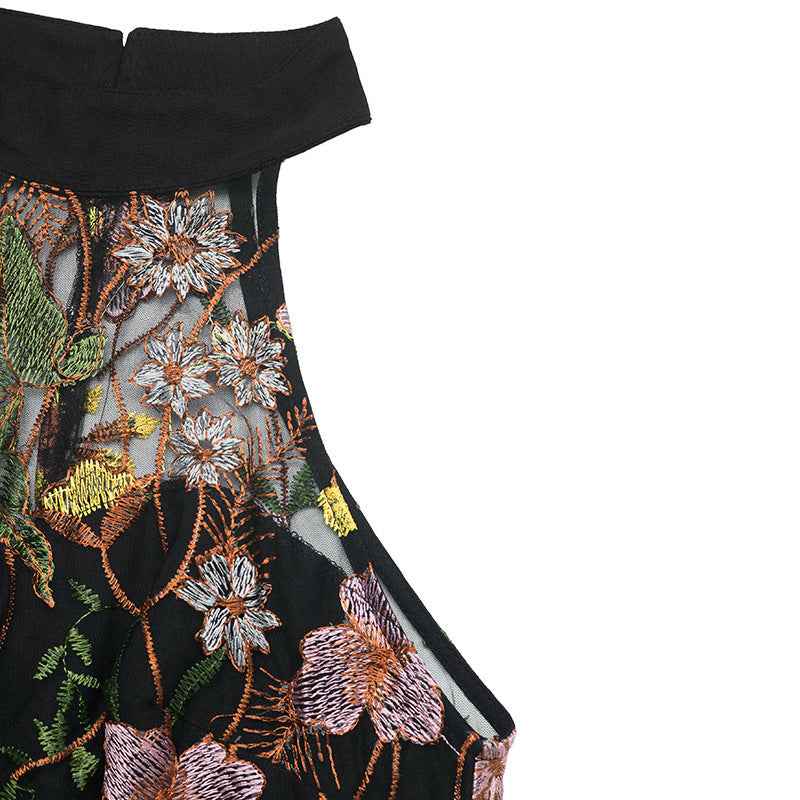 Summer Sleeveless See through Halter Lace Jumpsuit Embroidered Stitching Pleated