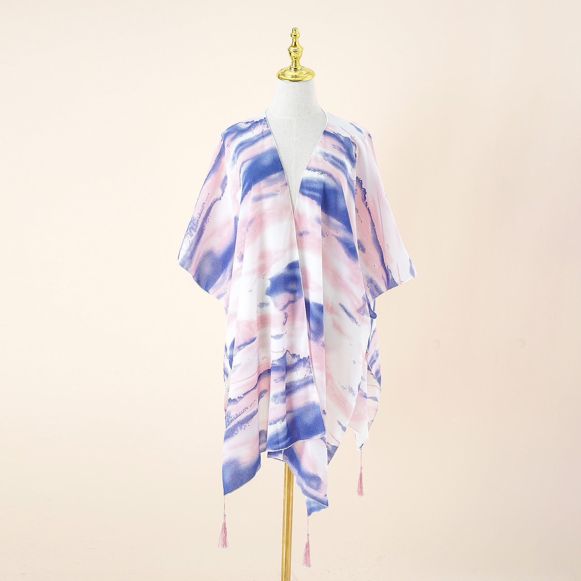Spring Summer Striped Color Matching Tassel Shawl Beach Sun Protection Sunshade Cardigan Coat