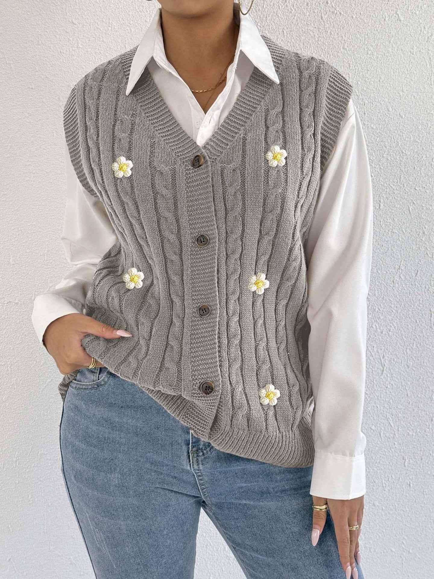 Sweater Vest Twist Woven Three Dimensional Floral Stitching (Small Only)
