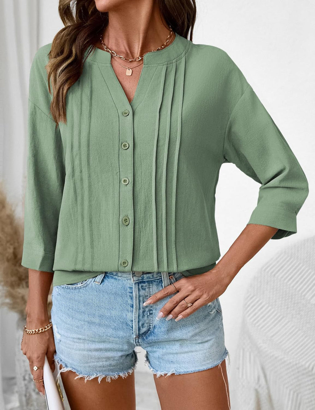 Half Open Collar Single Breasted Pleated Cropped Sleeve Blouse