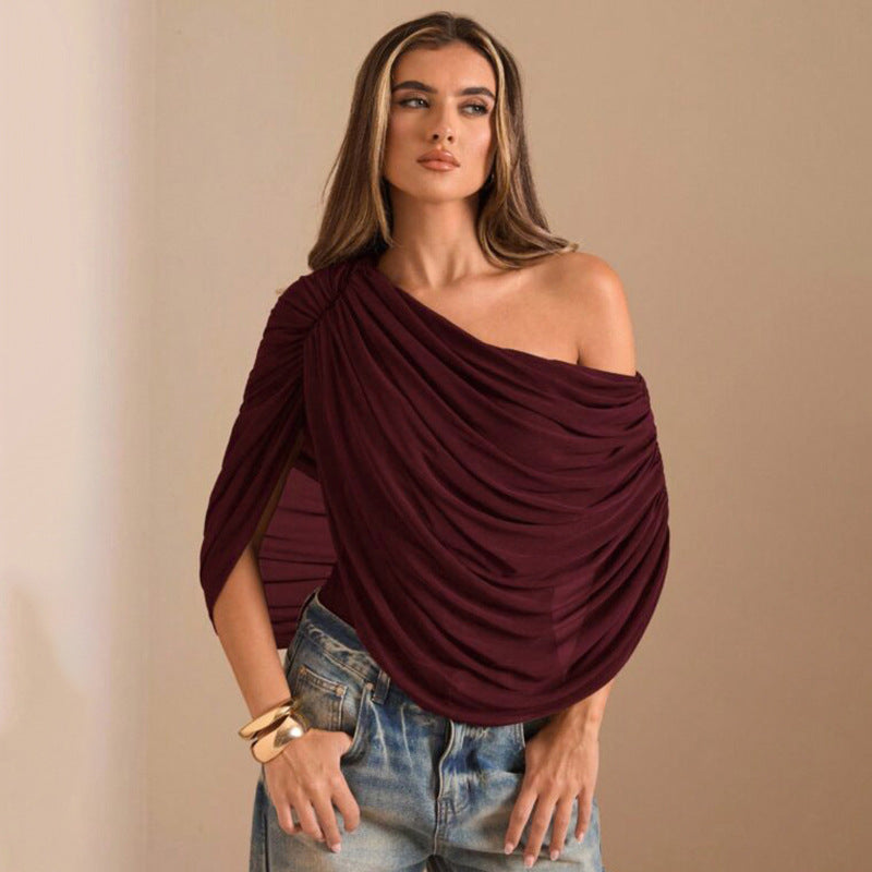 Pleated Sloping Shoulder Women's Elegant Bodysuit