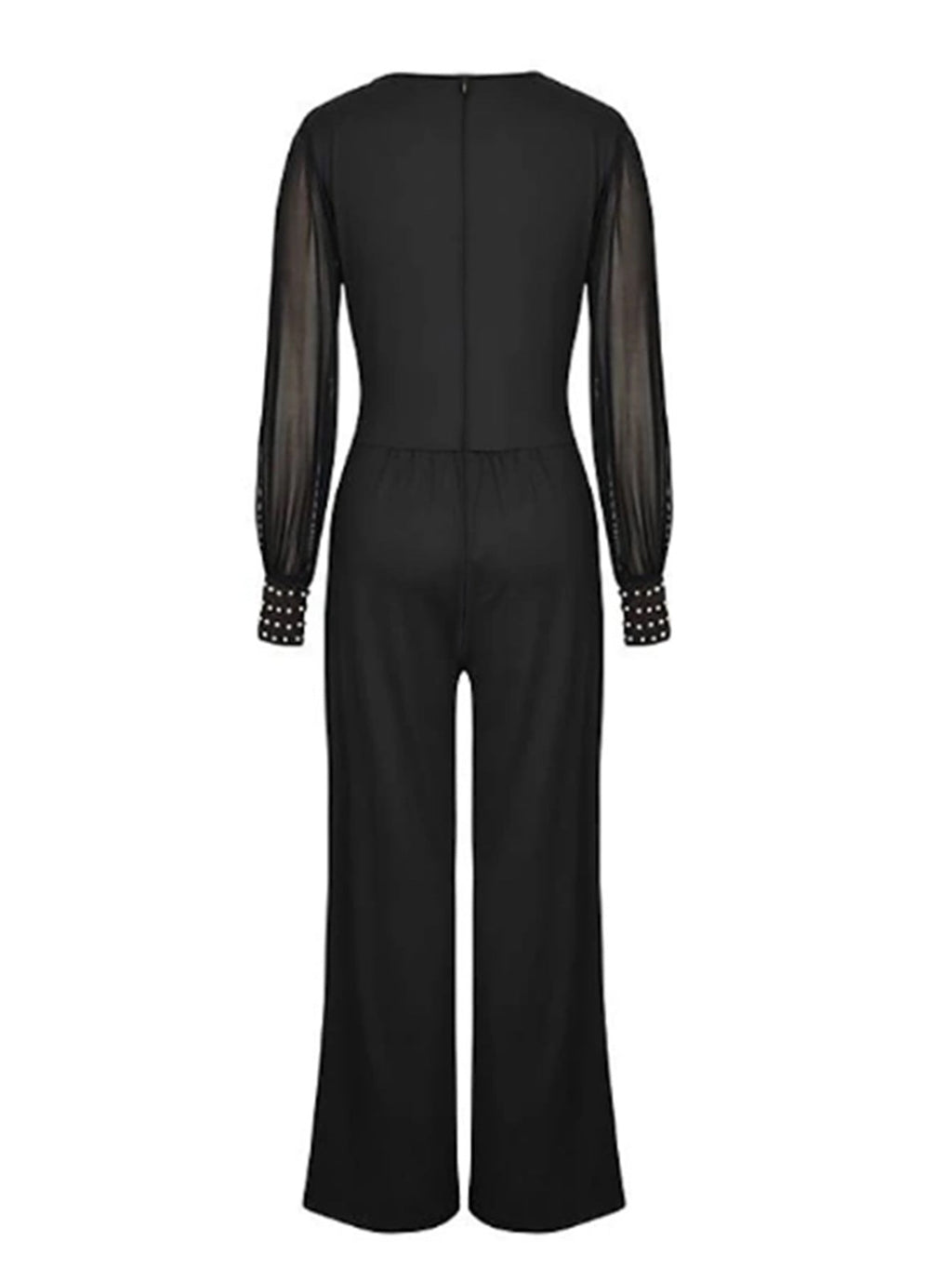 V neck Mesh Stitching Rivet Long Sleeve Loose Jumpsuit