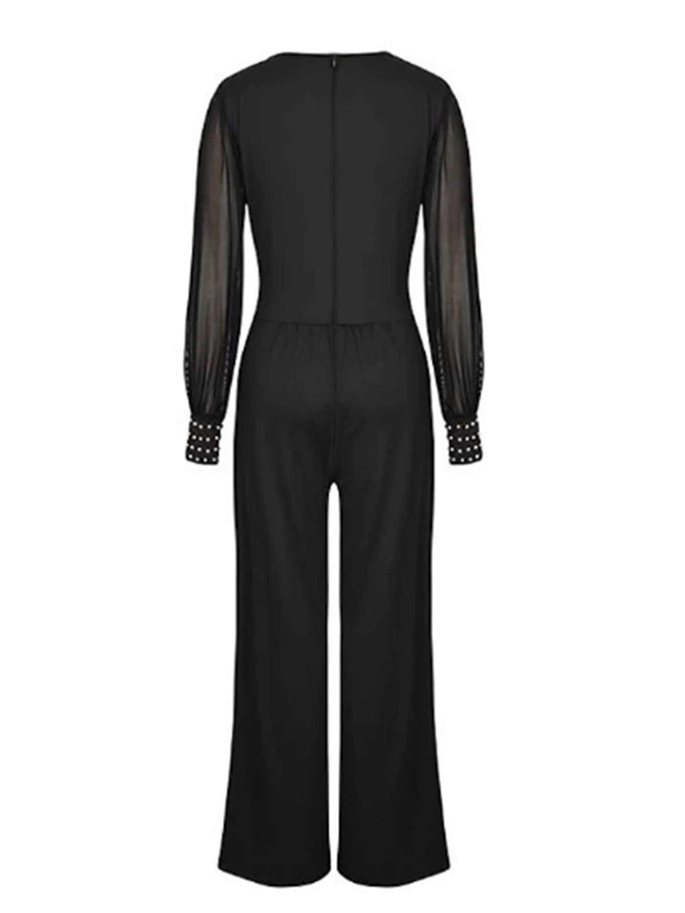V neck Mesh Stitching Rivet Long Sleeve Loose Jumpsuit