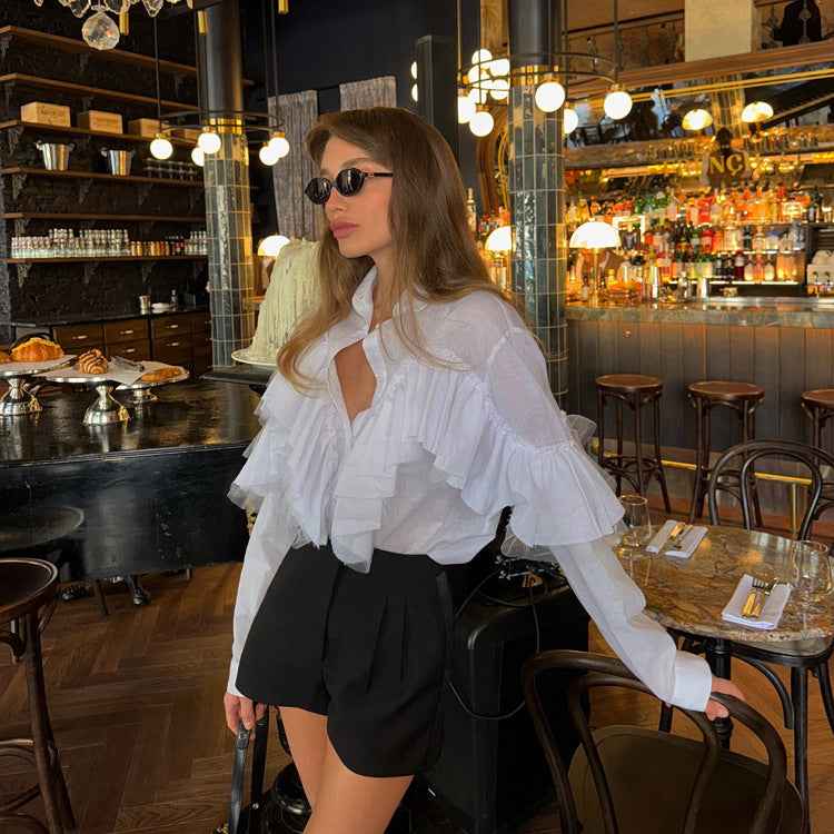 Ruffled Polo Collar Long Sleeve Blouse