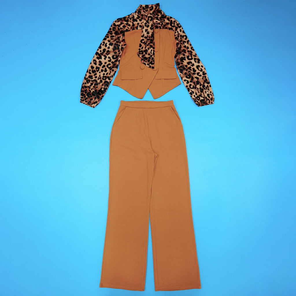 Leopard Collar Blouse Casual Set