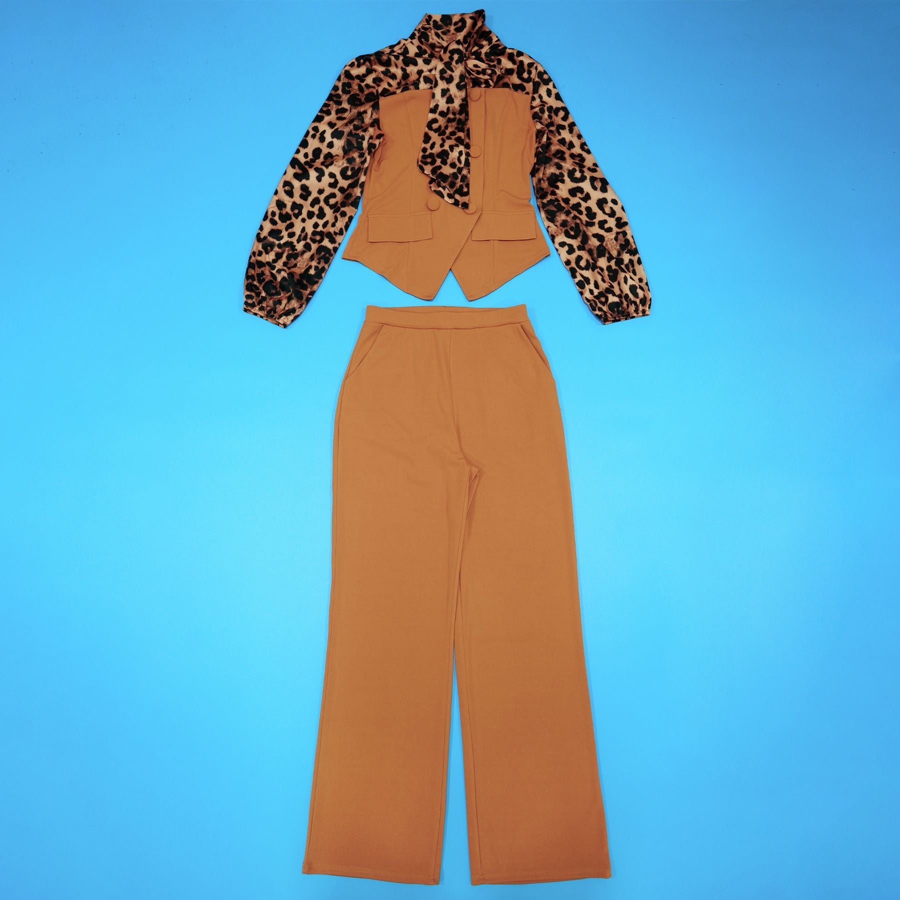 Leopard Collar Blouse Casual Set