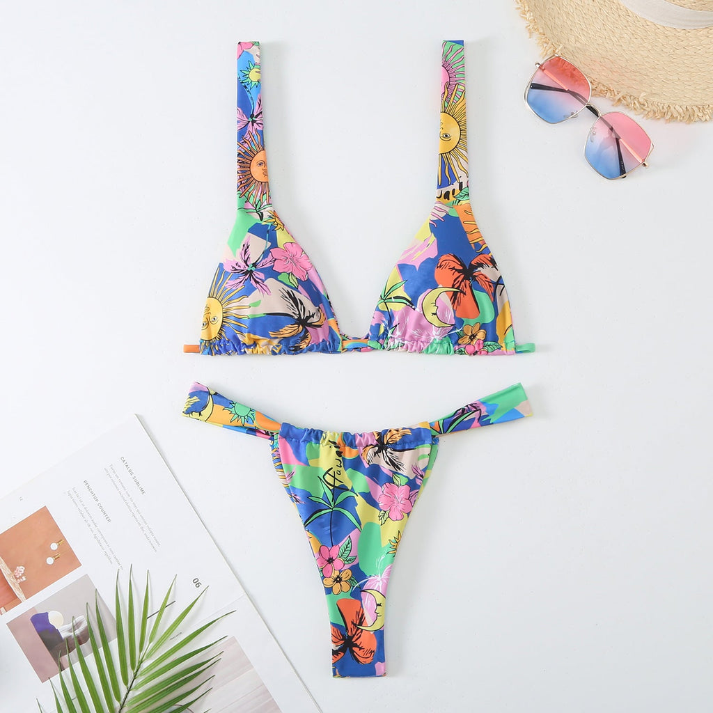 Swimsuit Women Printed Lace up Sexy Backless Split Swimsuit Floral Three Point Bikini