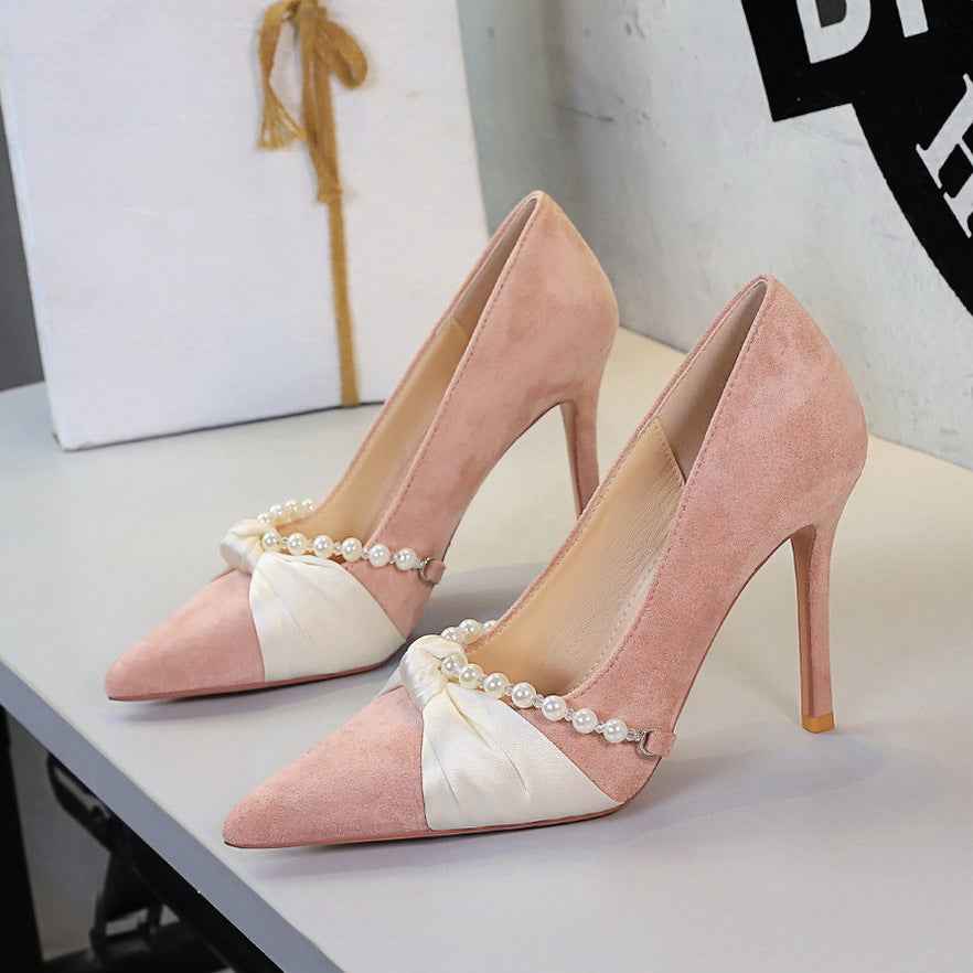 French Elegant Socialite Pearl Bow Pointed Low Cut Suede Stiletto Heel Pumps for Women
