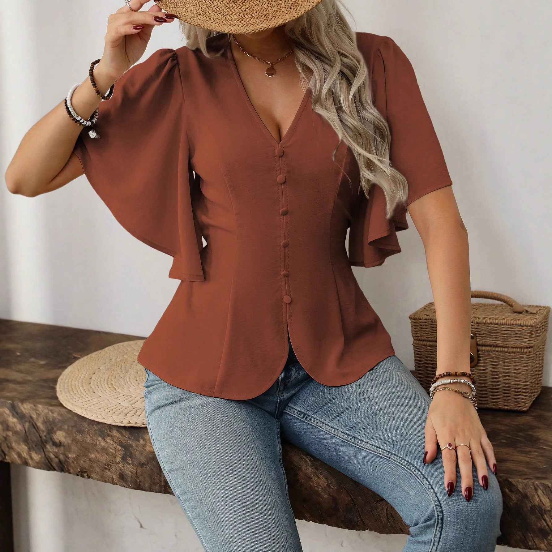 Elegant Solid Color Blouse