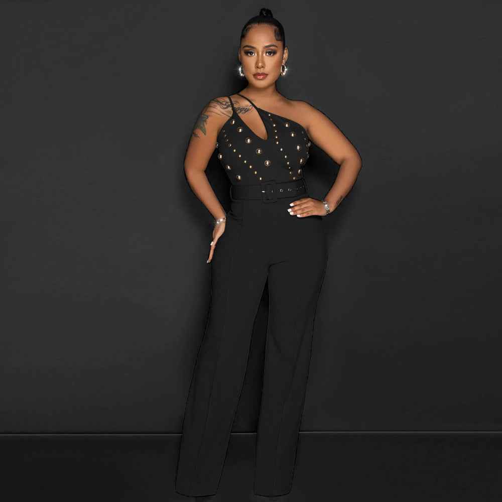 Elegant Solid Color Jumpsuit Slim Fit One Shoulder