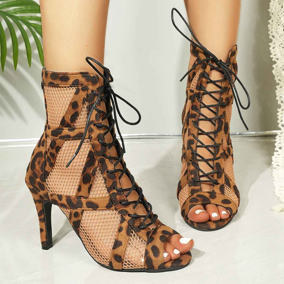 Mesh Leopard Print High Heels
