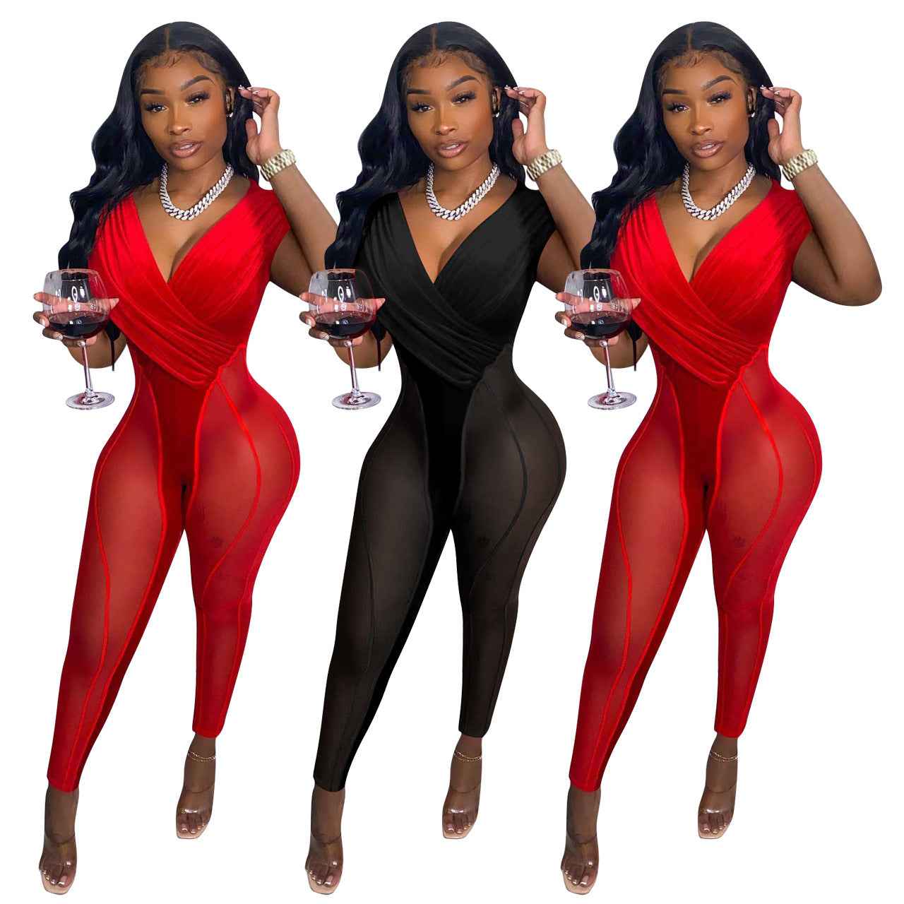 Mesh Velvet Stitching Jumpsuit
