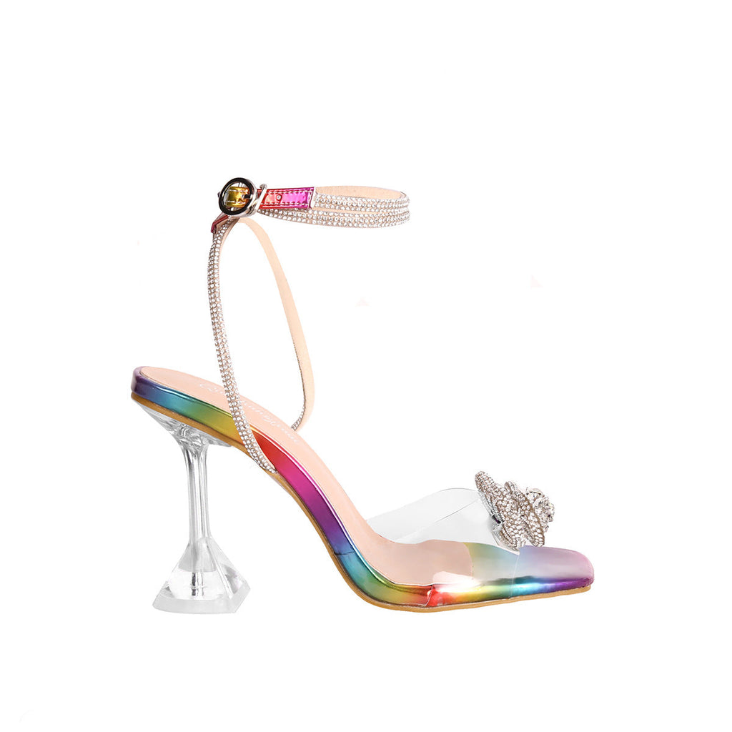 Bow Rhinestone High Heeled Sandals Women plus Size Square Toe Catwalk Sandals Heels