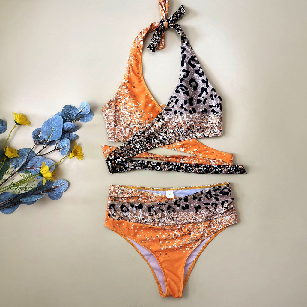 Popular Women Swimsuit Cross Leopard Print Sequin Gradient Bikini
