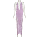 Summer Women Clothing Sexy Deep V Plunge neck Halter Stitching Mesh High Waist Dress