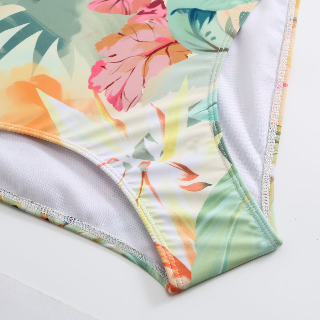 One Piece Swimsuit Women Conservatively Thin Vintage Printed Hard Bag Swimsuit with Steel Bracket Tulle Skirt