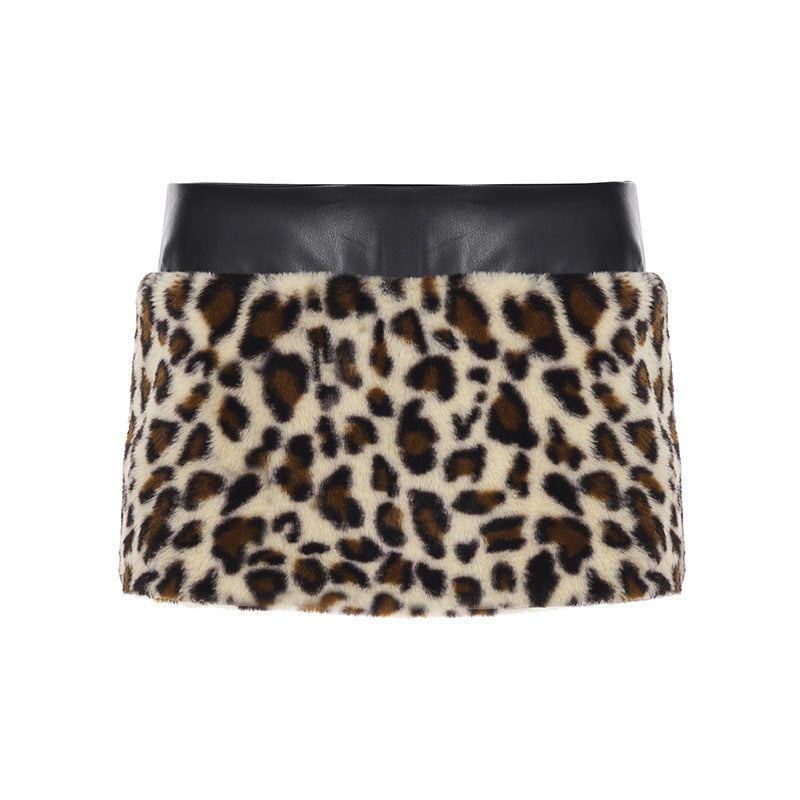 Leopard Fur Stitching Leather Hip Skirt Two Piece Set