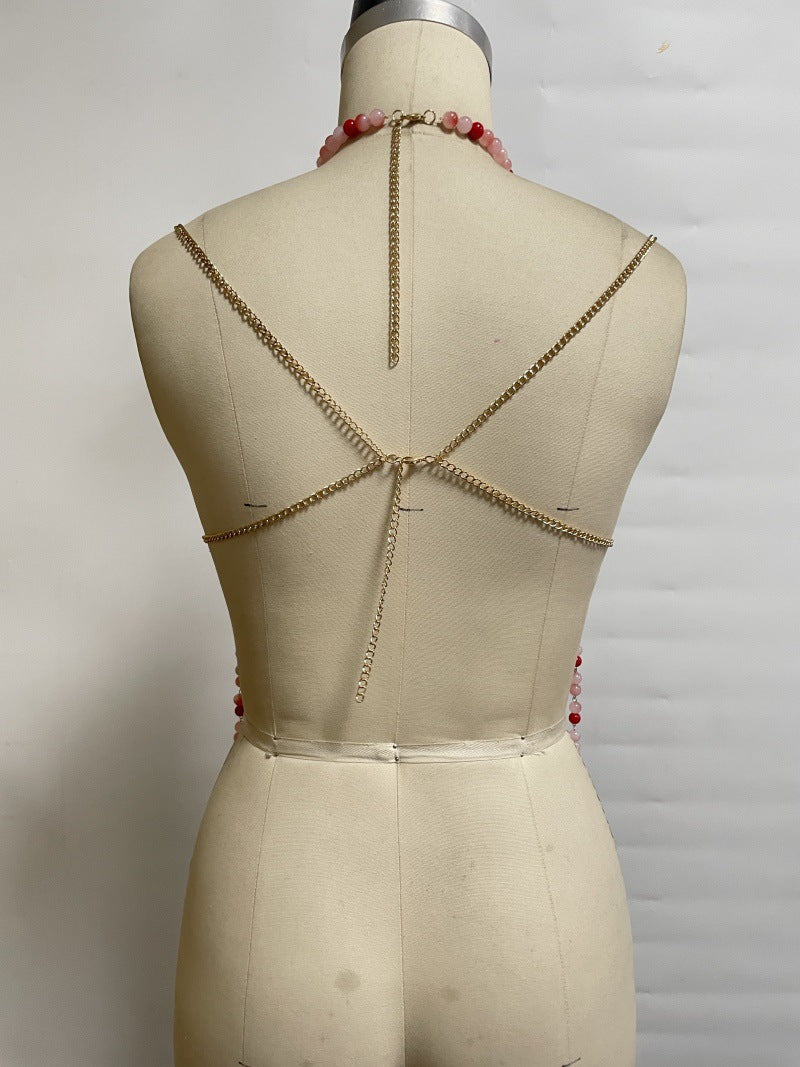 Multi Layer Pearl Halter Out Camisole T-shirt