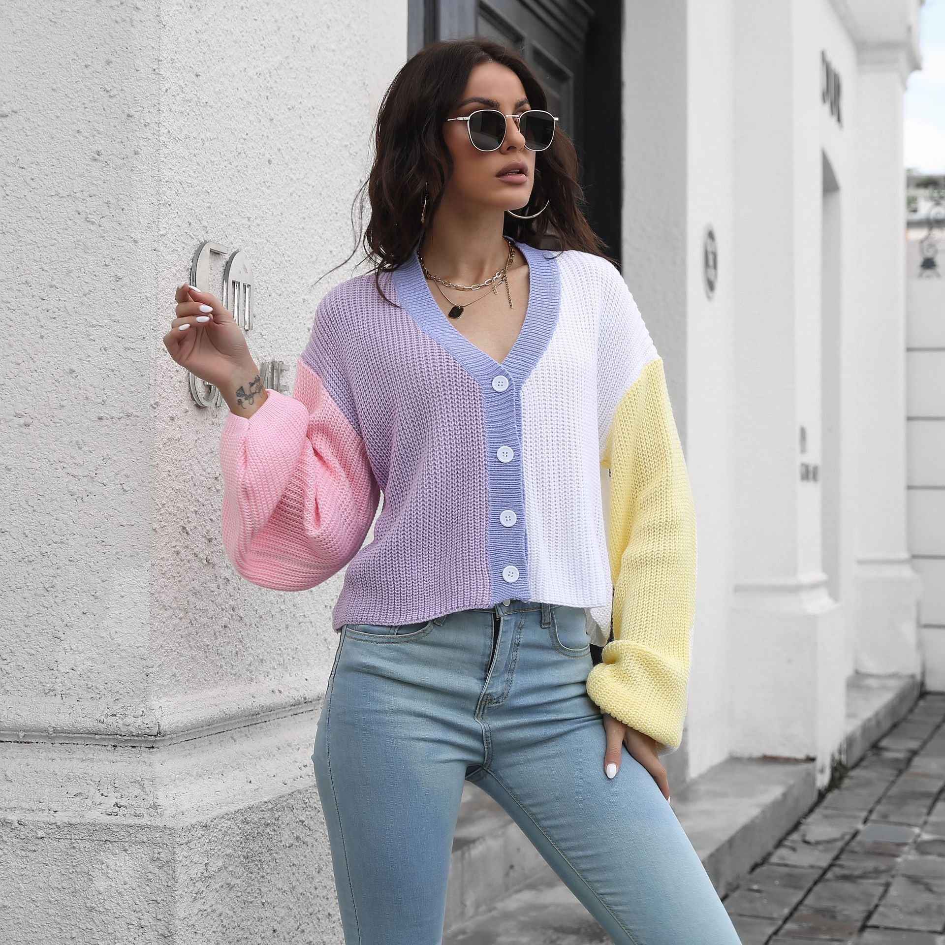 Knitted Cardigan Contrast Color Sweater