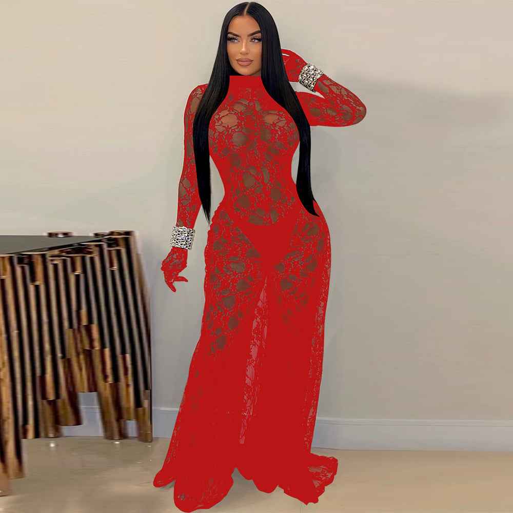 See through Lace Backless Lace up Jumpsuit